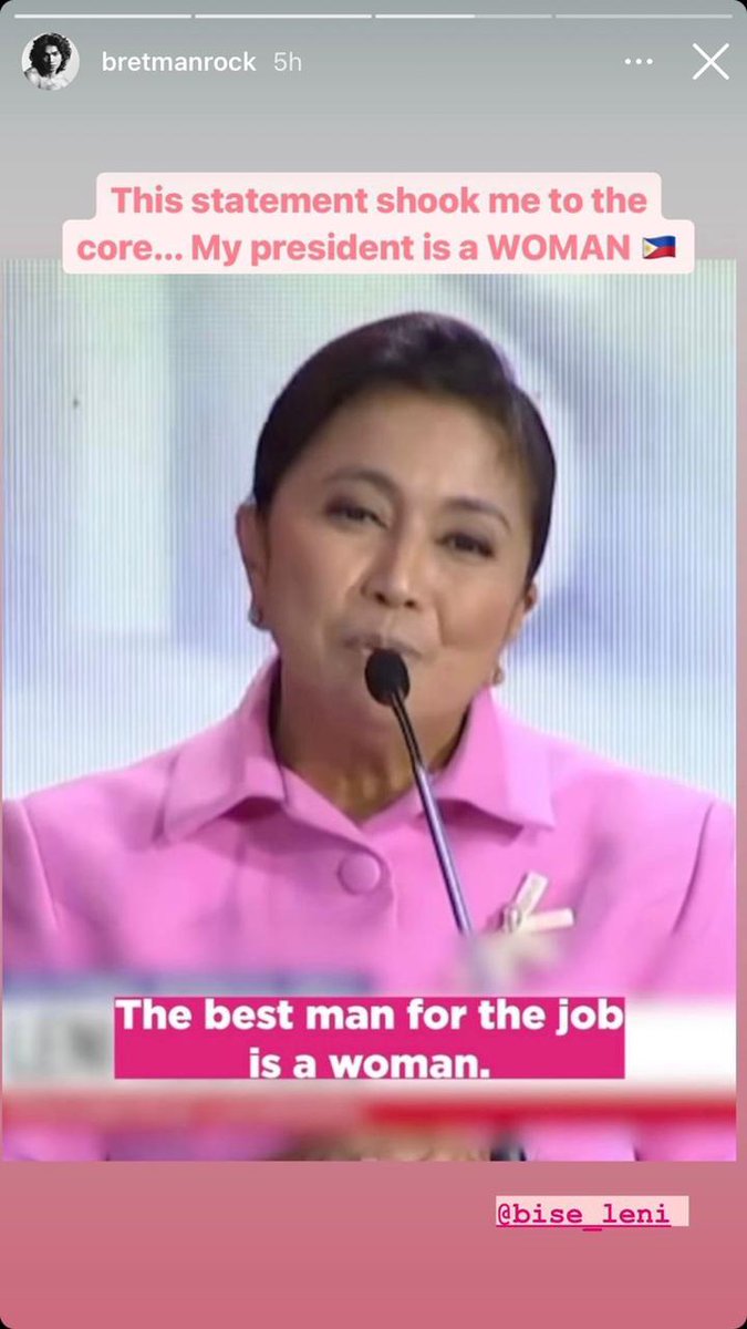 inquirerdotnet's tweet photo. 'MY PRESIDENT IS A WOMAN'

LOOK: Filipino-American social media star @bretmanrock took to his Instagram stories to express support for presidential candidate @lenirobredo on Sunday, the day the vice president had a stunning campaign rally in Pasig City. 

📸Bretman Rock https://t.co/k5iTDtQEok
