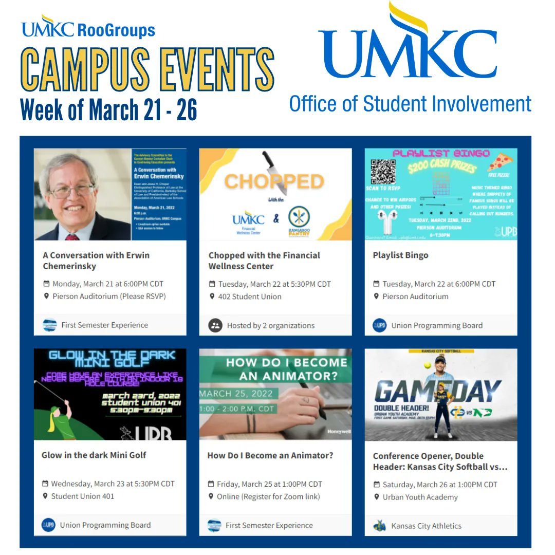 Hey Roos! There are many great events happening on campus this week! Check out these six featured events. Then, head to roogroups.umkc.edu/events to view all events and event details for the week!