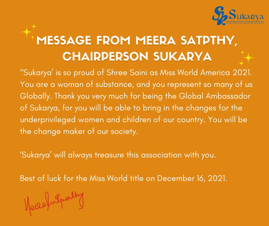 sukaryaus's tweet photo. @sukaryango is proud of having @ShreeSaini_  as its Global Ambassador to empower underprivileged women, children &amp; adolescent girls.
@timesofindia @PIB_India @ANI @PTI_News 
Indian-American Shree Saini is 1st runner up at Miss World 2021 - Times of India | https://t.co/cpBSfmy6Pu https://t.co/GvyJS29YTC