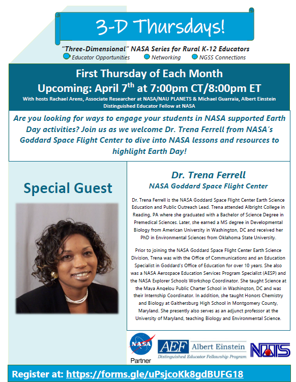 ArensRachael's tweet photo. Hey teachers! Sign up for the next @NASA 3-D Thursdays on April 7th, 8pm ET to hear Dr. Trena Ferrell from NASA’s Goddard Space Flight Center dive into NASA lessons and resources to highlight Earth Day! 🚀🌎
Register at https://t.co/Q9V8cLSZNJ
#RuralSTEM
#rural 
@AEF_Program https://t.co/B5r9w1u5JO