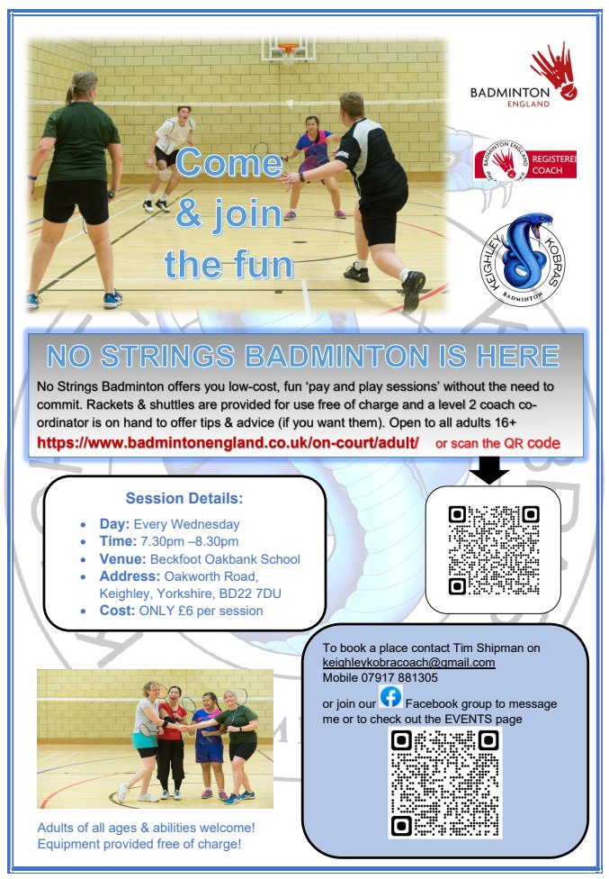 Are you interested in pay & play badminton sessions in Keighley? No Strings Badminton offers you low-cost, fun ‘pay and play sessions’ without the need to commit. Open to adults 16+
#badminton #NoStrings #kobrasbadminton #keighleykobras #badmintonengland #keighley #payandplay