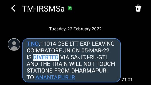 miss_diligent's tweet photo. @GM_CRly @drmmumbaicr
@drmpune @drmsbc, my train got diverted and didn't reach my boarding stn SBC (msg attached) and now the TDR got rejected against PNR No 4325375368 mentioning 'NO INFO AVAILABLE'

Can you please look into the matter as no help was offered by 139/ @RailMadad https://t.co/m1RGdwz7zD