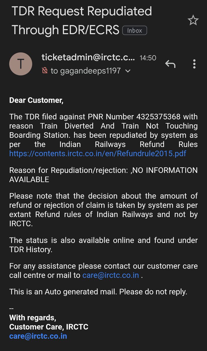 miss_diligent's tweet photo. @GM_CRly @drmmumbaicr
@drmpune @drmsbc, my train got diverted and didn't reach my boarding stn SBC (msg attached) and now the TDR got rejected against PNR No 4325375368 mentioning 'NO INFO AVAILABLE'

Can you please look into the matter as no help was offered by 139/ @RailMadad https://t.co/m1RGdwz7zD