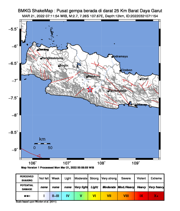 infoBMKG's tweet photo. #Gempa Mag:2.7, 21-Mar-22 07:11:54 WIB, Lok:7.26 LS, 107.67 BT (Pusat gempa berada di darat 25 Km Barat Daya Garut), Kedlmn:12 Km Dirasakan (MMI) II-III Kertasari, II Pacet, II Pangalengan #BMKG https://t.co/hdbb9Qyo1d