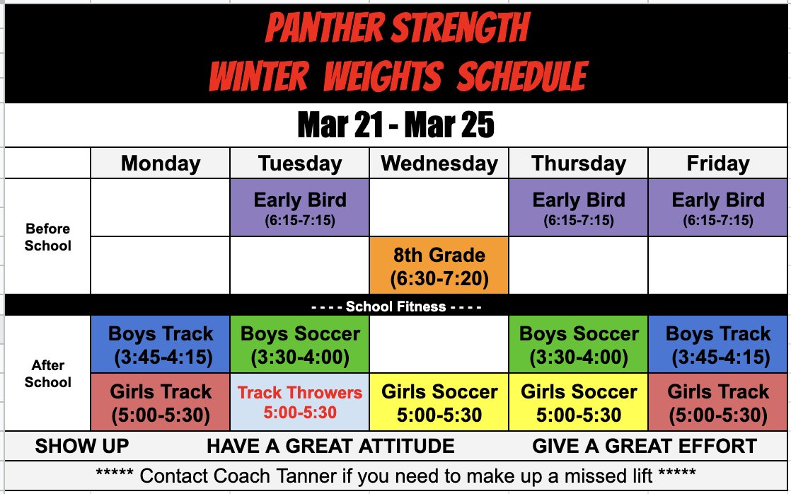 WR Schedule (3/21-3/25): Welcome back from spring break! The weight room will be busy after school for the remainder of the spring sport season! 8th Grade weights will begin this week with an orientation day Wednesday morning! More info will be given out then! #PantherStrength