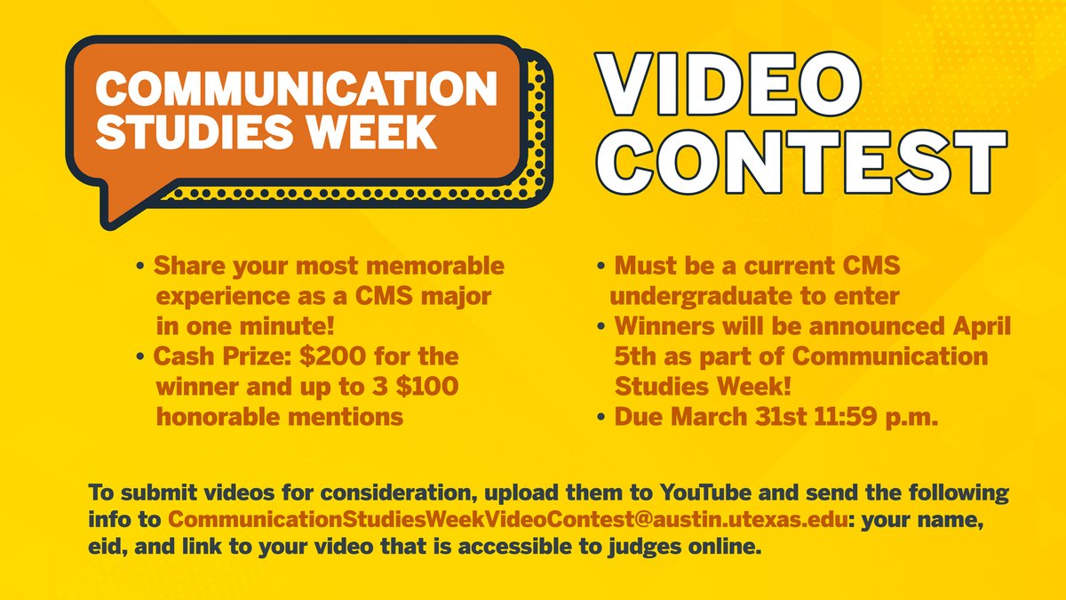 We are celebrating @UTcommstudies Week with a video contest! Share your most memorable experience as a CMS major in one minute! Winners will be announced on April 5th and receive a cash prize. The deadline is March 31st. Deets ⬇️