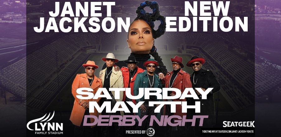 lynnfmlystadium's tweet photo. 📣 JUST ANNOUNCED 📣

 85° West Music Festival presents @JanetJackson  and @NewEdition  at #LynnFamilyStadium Derby Night! Tickets go on sale Friday, March 25, 2022, at 10AM

🎟: https://t.co/N4HevAKUs7
🚗: https://t.co/DrB083H3Lu https://t.co/mDOVRk5pKw