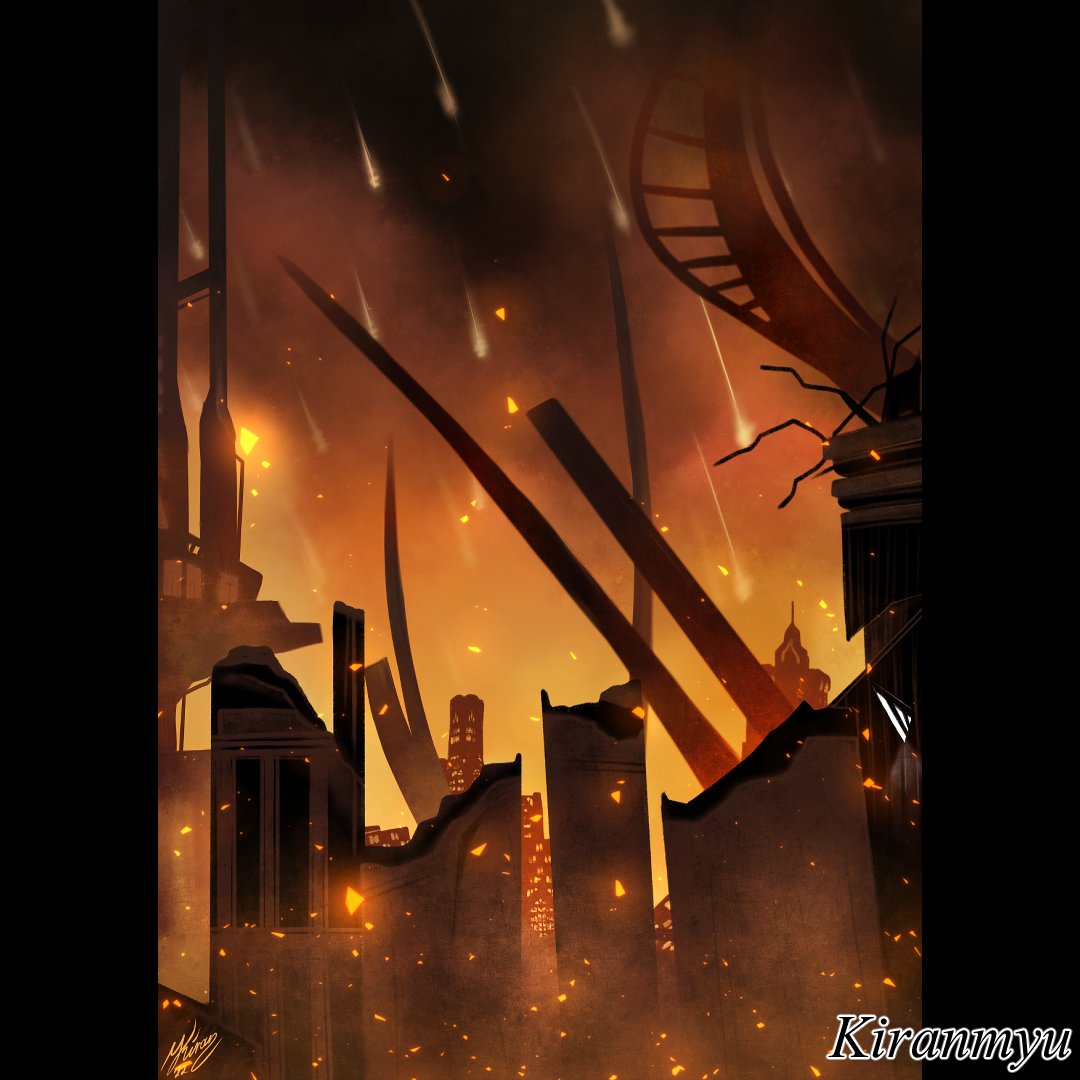 Kiranmyu's tweet photo. 2h painting of Amaurot during the sundering. Sketch and Final version :')  Usually I don't like drawing backgrounds (or without lineart) but I want one for my next fanart, so this was good practice :D  #ffxiv #ffxivSHB #Shadowbringers https://t.co/mOHhnEf830