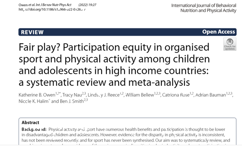 Kat_owen5's tweet photo. Our systematic review and meta-analysis found socioeconomic disparities in #sport participation and physical activity among children and adolescents @IJBNPA @syd_health @OOSNSW @NSWEducation @AdrianBauman 

Full paper 👉 https://t.co/A3YG68Y3K0 https://t.co/IguhepRM1V