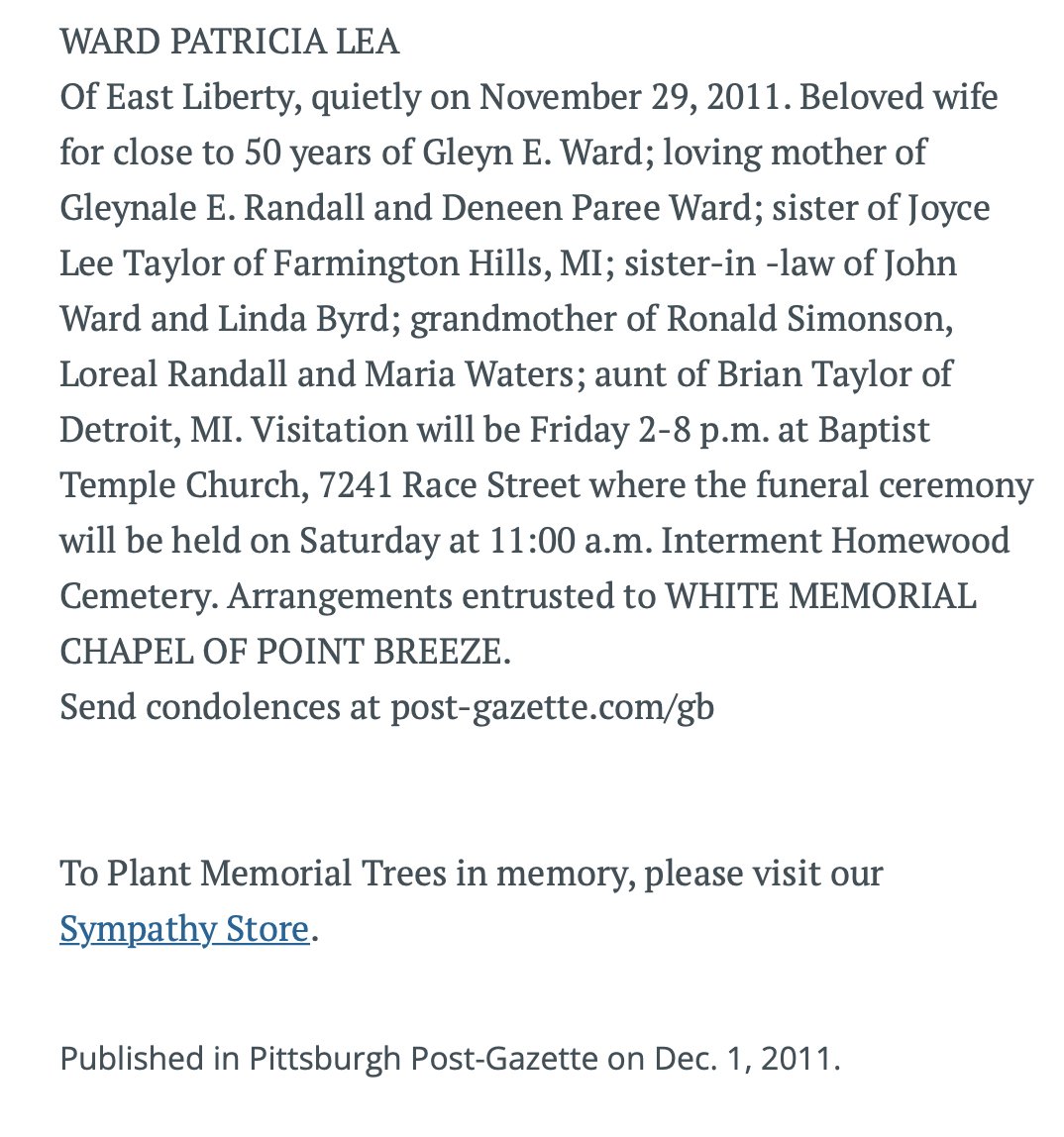 I knew this women from my time with the City of Pittsburgh. I only found today that she died in 2011 but sinc. Working for the City was a turning point in my life. e the 1980's I have never forgotten her. She was a wonderful woman.