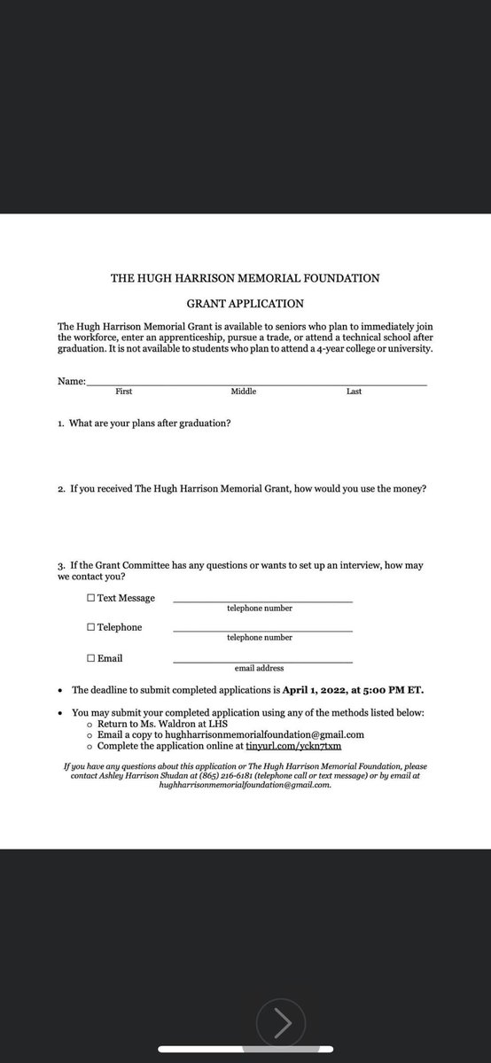 LHS Class of 2022! If you plan to enter an apprenticeship, pursue a trade, or enter the workforce after graduation, please consider applying for this grant. 
apply online at tinyurl.com/yckn7txm. Applications are due by April 1.