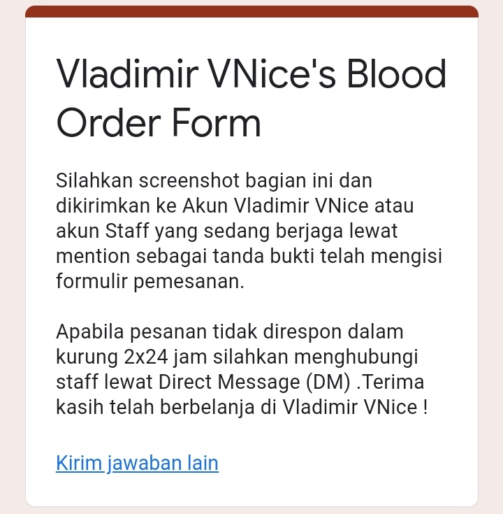 xiaocaffe's tweet photo. @VladmirVnice Selamat pagi, saya sudah mengisi form. Terima kasih. https://t.co/2PCfK15muM