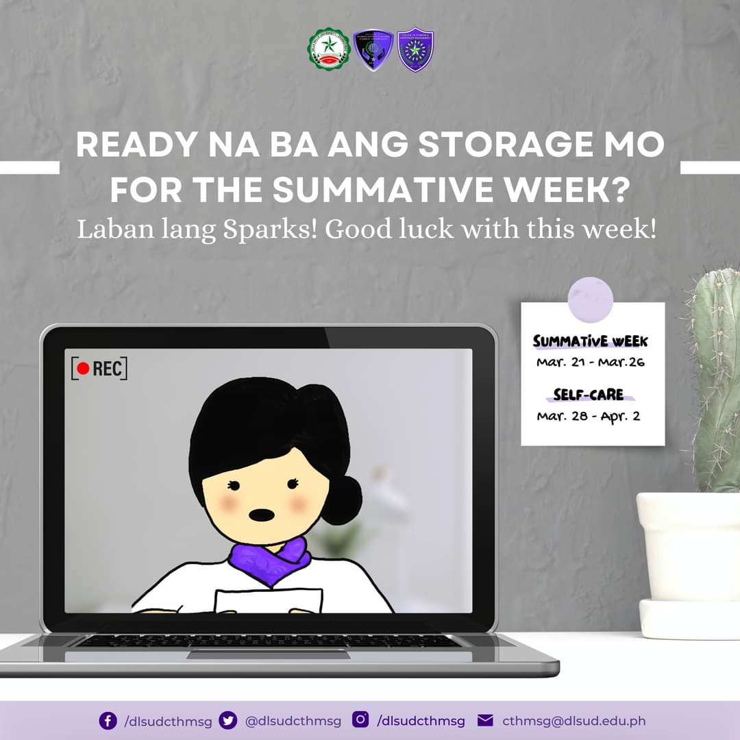dlsudcthmsg's tweet photo. Buckle up, Sparks!

The first summative week of this semester is among us. Make sure to go over your modules with a motivated mindset and prioritize rests in between study sessions.

God bless! Padayon.

#CTHMSG2021
#CTHMAsOne
#DLSUDThrive
#DLSUDCTHMSG https://t.co/V1S7sI3eIb