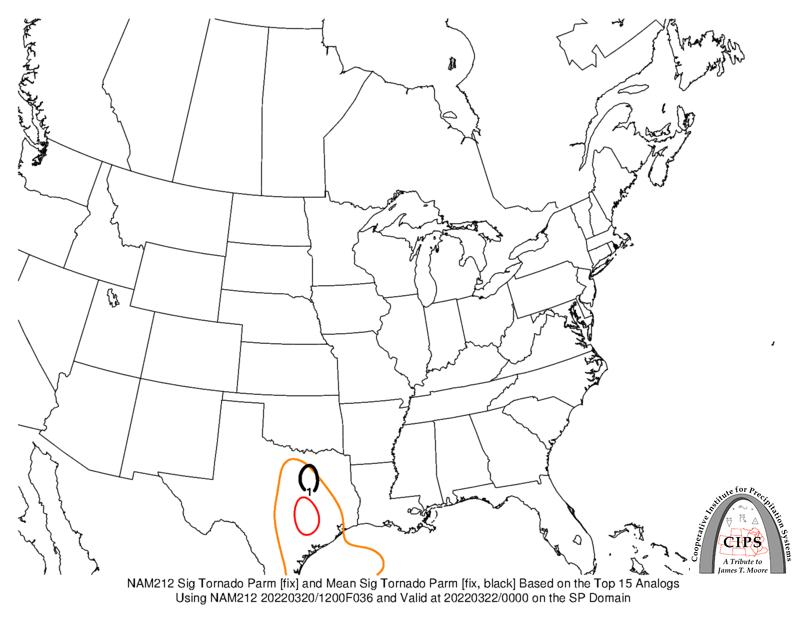 FirstWxWarning's tweet photo. [3/4] This difference also manifests itself when looking at the SigTor parameter comparing both the analog mean (black contours) and NAM (red contours) You can see the nose of the Sig #Tornado probability is much closer to the Red River than what the current CAM guidance suggests https://t.co/D1xqBmC41m