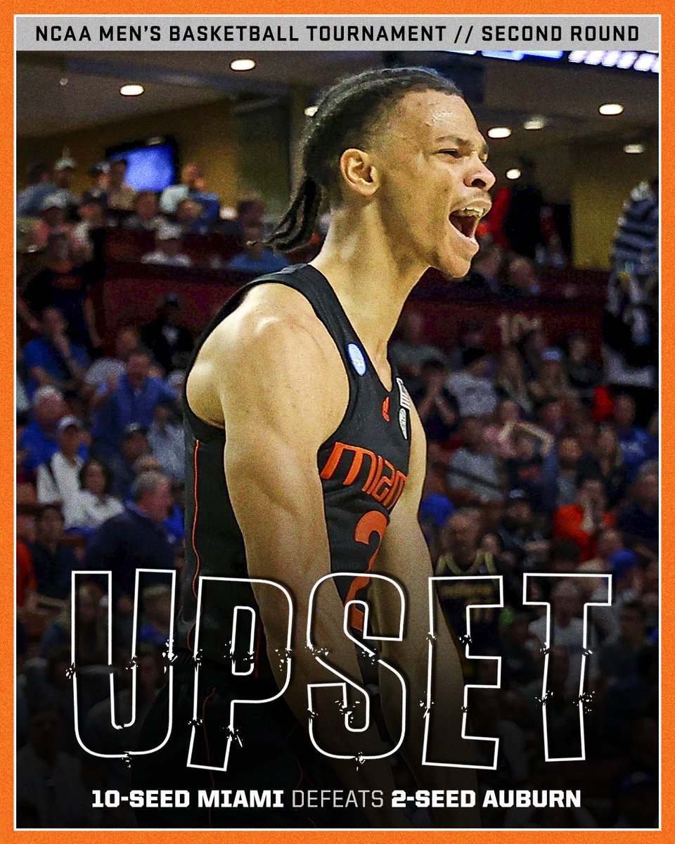 espn's tweet photo. MIAMI MOVES ON‼️ 

 @CanesHoops becomes the FOURTH double-digit seed to advance to the Sweet 16 😮 https://t.co/nLB8ioddX9