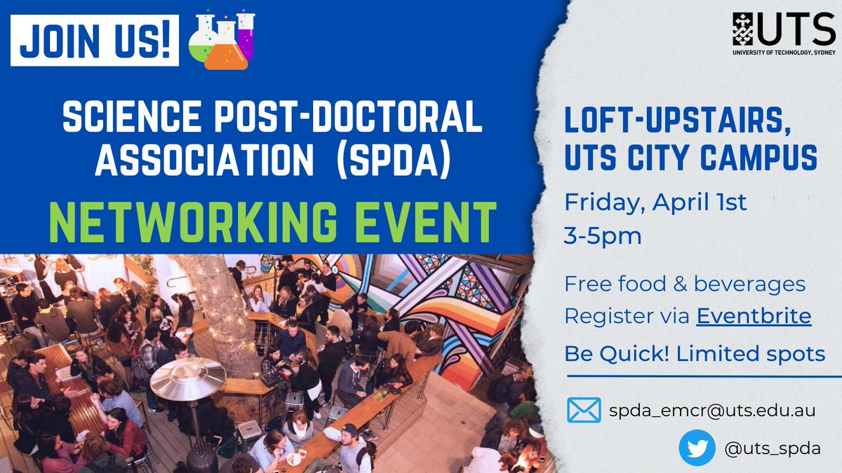 UTS SPDA (@uts_spda) on Twitter photo Calling all <a href="/UTS_Science/">UTS Science</a>
EMCRs! π¨π»βπ¬π©βπ¬
Join the <a href="/UTS_SPDA/">UTS SPDA</a> for it's first in-person meet-up for 2022!
Get to know other Science EMCRs, grow your network & build collaborations, and have some fun!
Be quick! Limited spots π
Free registration: eventbrite.com.au/e/science-post⦠Calling all <a href="/UTS_Science/">UTS Science</a>
EMCRs! π¨π»βπ¬π©βπ¬
Join the <a href="/UTS_SPDA/">UTS SPDA</a> for it's first in-person meet-up for 2022!
Get to know other Science EMCRs, grow your network & build collaborations, and have some fun!
Be quick! Limited spots π
Free registration: eventbrite.com.au/e/science-postβ¦