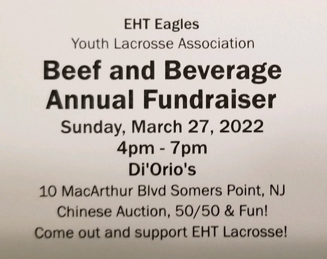 EHTLA's tweet image. EHTLA Beef &amp;amp; Beverage next Sunday, 3/27 at Di Orio’s in Somers Point from 4-7 p.m.