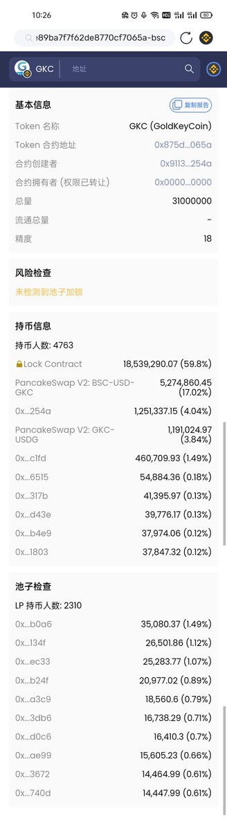 #GKC 匿名公链跨链币安数量恒定1200万GKC入池数量651万+占比60.8%池子全部由用户组成DAO社区自治没有项目方，持有分散安全稳定。现在持币地址4751,LP地址2310
币安链合约地址:0x875dbac041105f5ae89ba7f7f62de8770cf7065a
我们一直用数据说话喜欢稳定长久的来，我们做的是公链我们不做土狗欢迎各界精英