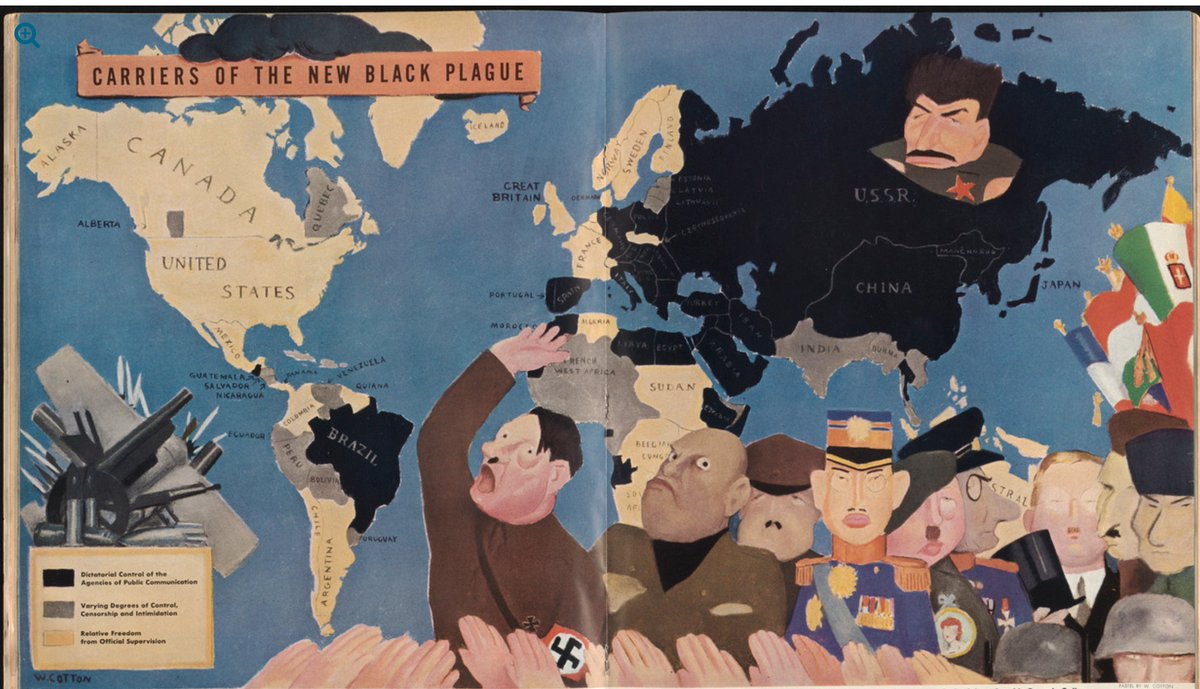 "Yeni kara vebanın taşıyıcıları". Bu Amerikan 1938 haritası, Hitler, Mussolini, Franco, Stalin, Atatürk'ün yer aldığı, o dönemde dünya çapında otoriterizmin yayılmasını gösteriyor... collections.leventhalmap.org/search/commonw…