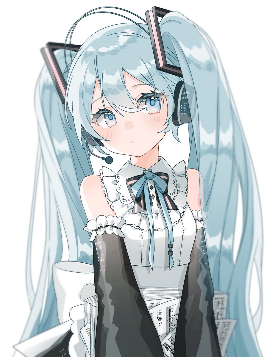 hatsune miku 1girl solo twintails long hair detached sleeves white background ribbon  illustration images