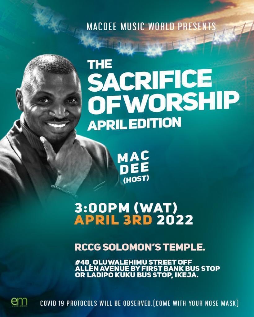 Realmacdee's tweet photo. It’s happening Live on the 3rd of April 2022, time is 3:00pm(WAT) Join me and other Anointed ministers to Worship The Lion and The Lamb.. Jesus Christ is The Lord. #Thesacrificeofworship #Mowole #Imela #MacDee https://t.co/eS5b7LIiM9