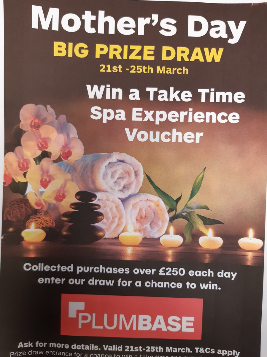 plumbase_brain's tweet photo. This week 21st to 25th  spend £250 on collected orders for a chance to win a spa Experience voucher.  Good luck Braintree Plumbase https://t.co/s6Fae3ZKIP