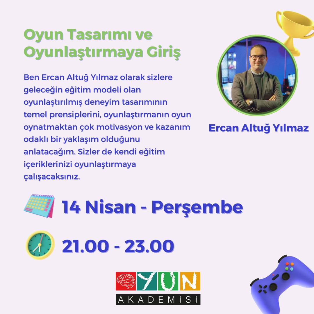 oyunakademisi's tweet photo. Şirketlerde çalışan eğitmenlere, öğretmenlere ve oyunlaştırmaya gönül verenlere yönelik başlatmış olduğumuz “Oyunlaştırma Eğitimleri”ne 5. Dönemle kaldığımız yerden devam ediyoruz!✨

Kayıt Linki: https://t.co/TyW3ERhOqb

*Eğitim sertifikalıdır.

#expertgamer #oyunakademisi https://t.co/ZQdtfVJcef