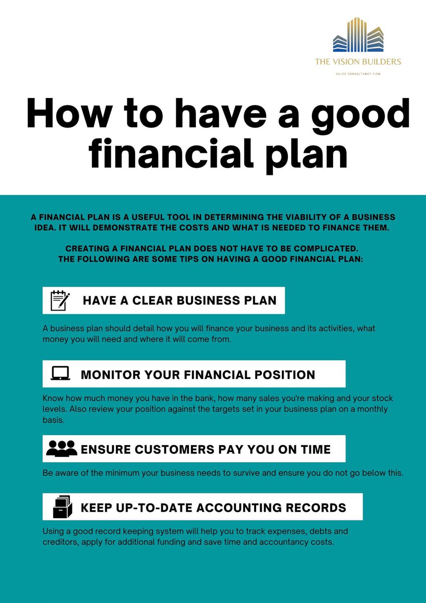 TheVisionbuild's tweet photo. A financial plan serves as your company’s guide as you go through the journey of meeting the goals of your business. It is vital to your success. Creating it doesn’t have to be complicated! Discuss it with an expert. Reach out to us! Contact The Vision Builders now! https://t.co/3w7R6ebChF