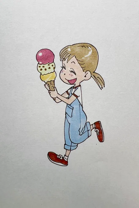 昔から定番のシチュエーションとして「3段重ねのアイスで喜ぶ子供」の絵があるけど、俺はいっぺんに3つもアイスが食べられないので、この手の絵を見るたび食えなかった場合の申し訳なさ、気まずさ、無理して壊す腹…などの事を想像して辛くなる。

それを訴えるためだけに描いた絵。 