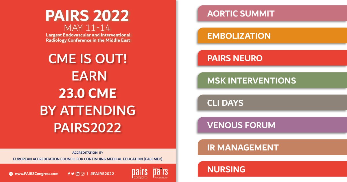 PairsNeuro's tweet photo. 📢CME Announcement!
The Pan Arab Interventional Radiology Society Annual Scientific Meeting (PAIRS 2022) has been accredited by the European Accreditation Council for Continuing Medical Education (EACCME®) with 23 European CME credits (ECMEC®s).

🖱️ https://t.co/lfkmwzRKlG https://t.co/0UBYcYK90k