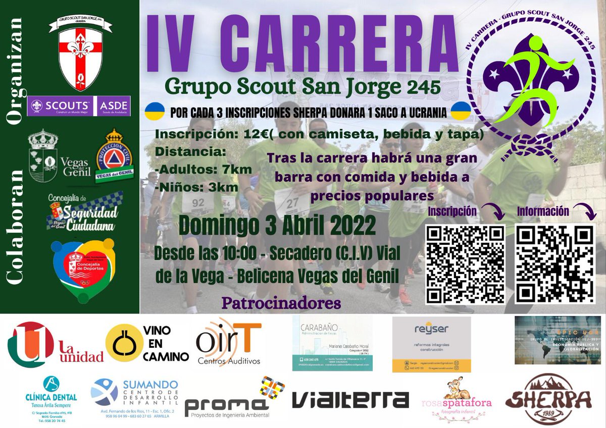 PROMAingenieros's tweet photo. Este año, PROMA es uno de los patrocinadores de la IV Carrera Solidaria del Grupo Scout San Jorge 245 de Granada. En esta ocasión en solidaridad con Ucrania.
#Animamos a todo el mundo a participar!
#carrera #solidaria #oportunidad #ingeniería #juntosporelcambio https://t.co/k2DIBBcLqo
