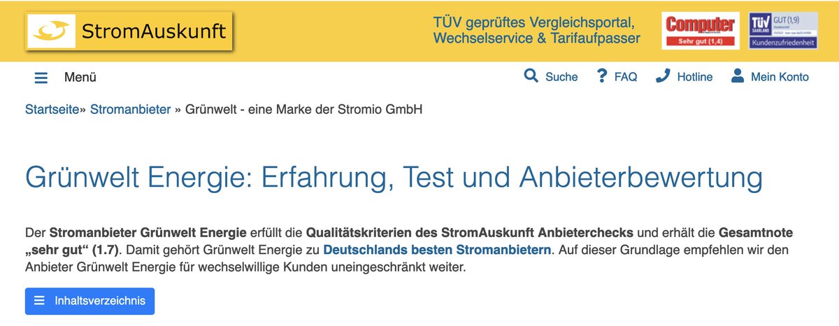 andybaumer's tweet photo. Nach eigenen Angaben hat das Vergleichsportal @stromauskunft bei jüngster TÜV-Zertifizierung die Gesamtnote 1,9 (gut) erhalten. Zugleich listet es #Stromio (Gesamtnote "gut") und #Stromio-Marke Grünwelt ("sehr gut") noch immer unter "Deutschlands besten Stromanbietern". @ZfK1 https://t.co/HhqgwhztJn