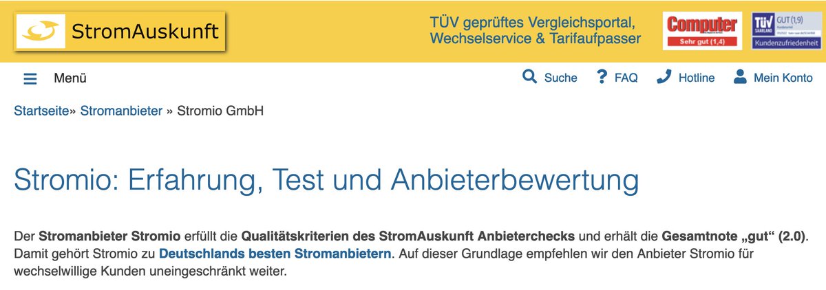 andybaumer's tweet photo. Nach eigenen Angaben hat das Vergleichsportal @stromauskunft bei jüngster TÜV-Zertifizierung die Gesamtnote 1,9 (gut) erhalten. Zugleich listet es #Stromio (Gesamtnote "gut") und #Stromio-Marke Grünwelt ("sehr gut") noch immer unter "Deutschlands besten Stromanbietern". @ZfK1 https://t.co/HhqgwhztJn