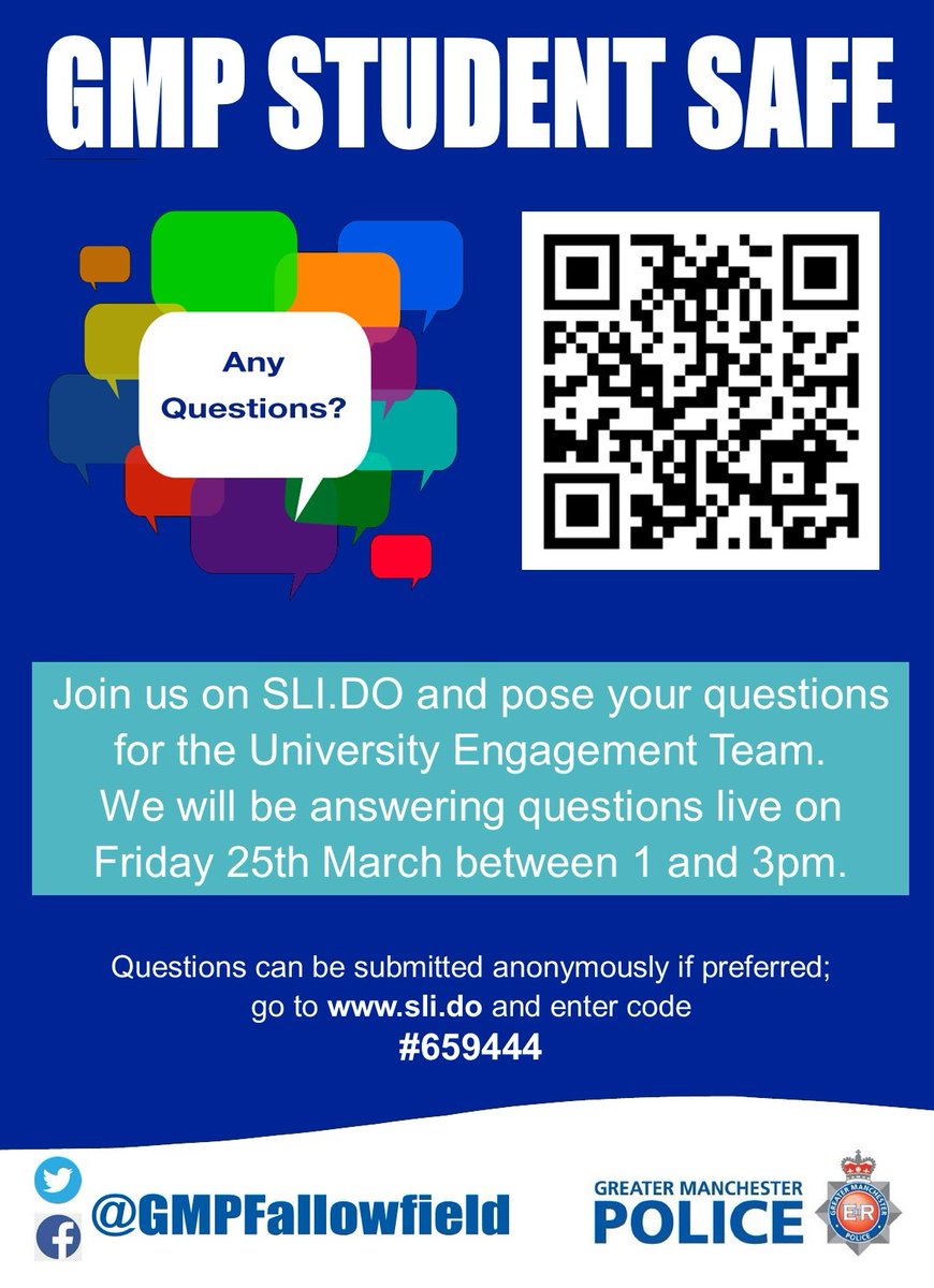 GMPChorlton's tweet photo. #StudentSafe are holding an online advice surgery 25th March between 1-3pm
The link is open to submit any questions or concerns you have around policing and university life. In turn officers from our University Engagement team will submit all answers and advice in the same way https://t.co/97p2N34VCb