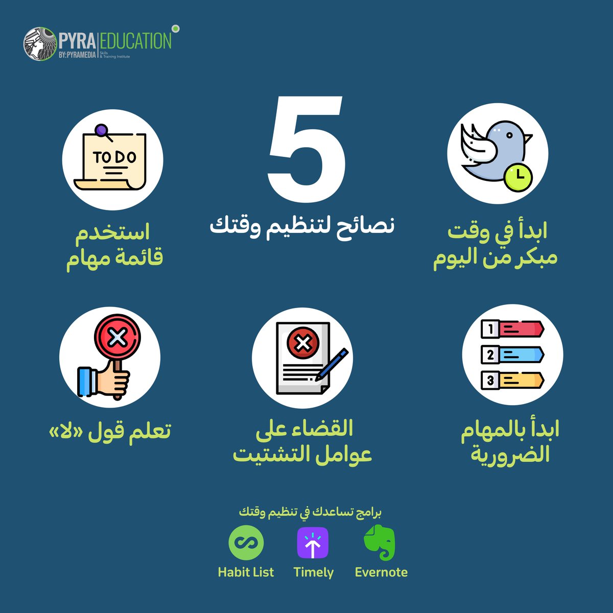 pyraeducation's tweet photo. تأكد من اتباع أهم 5 نصائح لتنظيم وقتك 🖐🏽 https://t.co/rC7cv7pK56