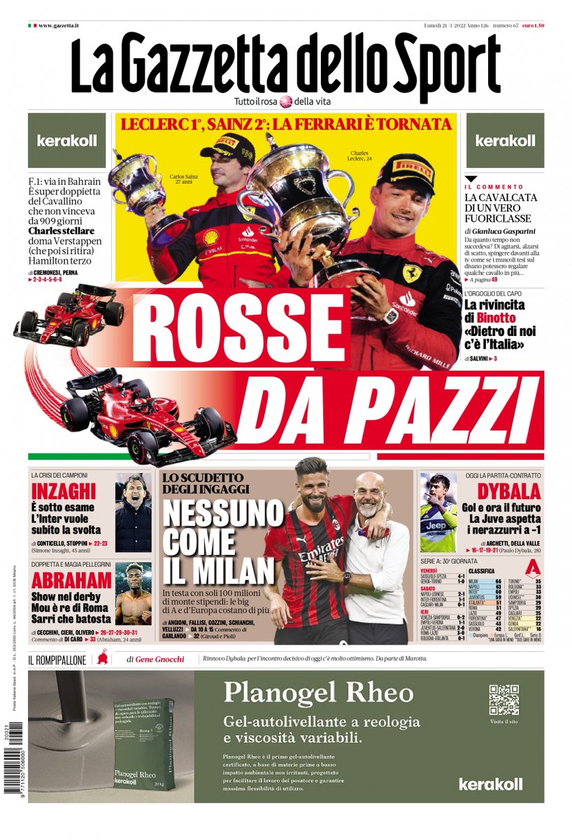 adbonaccorso's tweet photo. LA PRIMA DI OGGI. La Gazzetta dello Sport. Rosse da pazzi. Leclerc 1°, Sainz 2°: La Ferrari è tornata. F.1: via in Bahrain. È super doppietta del Cavallino che non vinceva da 909 giorni. Charles stellare doma Verstappen (che poi si ritira) Hamilton terzo https://t.co/nTyz67F42M