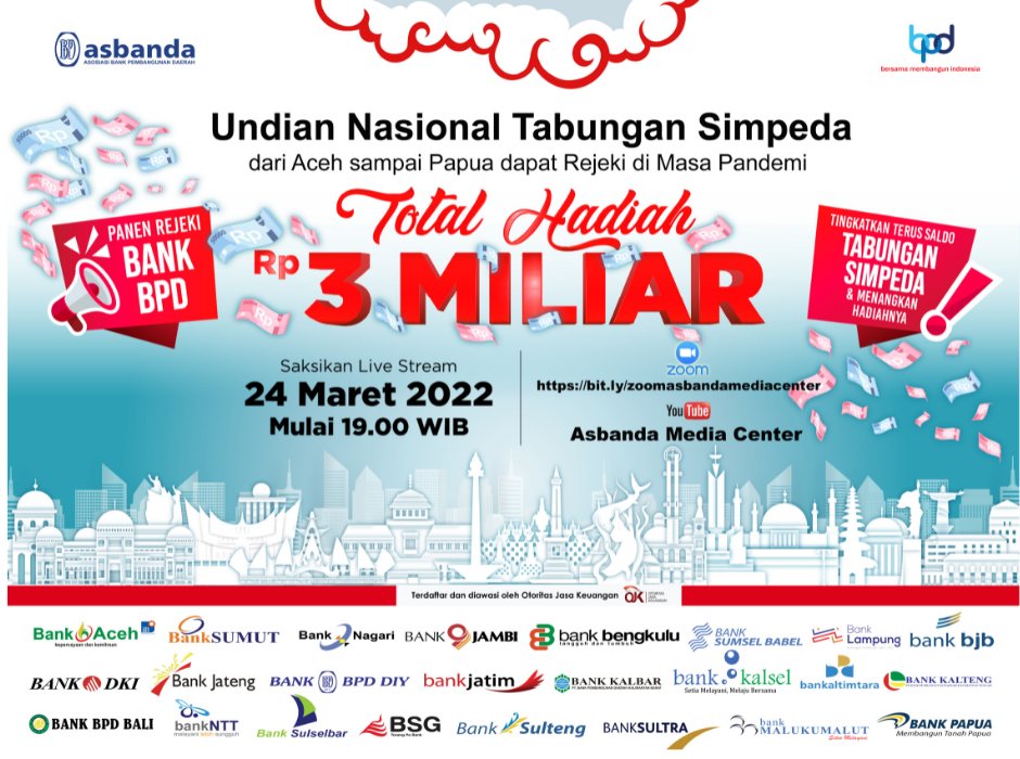 tempodotco's tweet photo. Hallo loyalist Tabungan SIMPEDA Bank Pembangunan Daerah (BPD) di seluruh Indonesia, jangan lewatkan program #PanenRejakiBankBPD dari #TabunganSIMPEDA.

Diundi pada 24 Maret 2022 pukul 19:00 WIB. Saksikan di kanal Youtube: Asbanda Media Center dan Cangkrukan Asyik #ASBANDA #Ads https://t.co/64iZBKAlOB