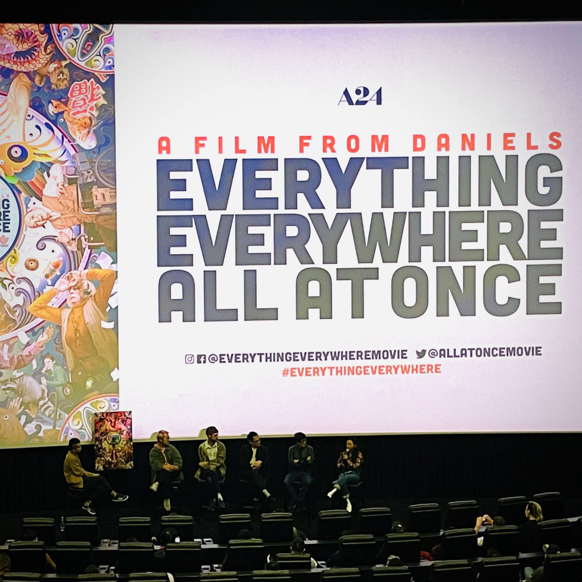 auchie_'s tweet photo. Loved Everything Everywhere All At Once! Completely wild, immersive, imaginative. During Q&amp;A @dunkwun said they were partly inspired by asking, "What if my mom was trapped inside the Matrix?" #everythingeverywhere #goldopen @goldhouseco @A24 @allatoncemovie https://t.co/KkJXPT3a9w
