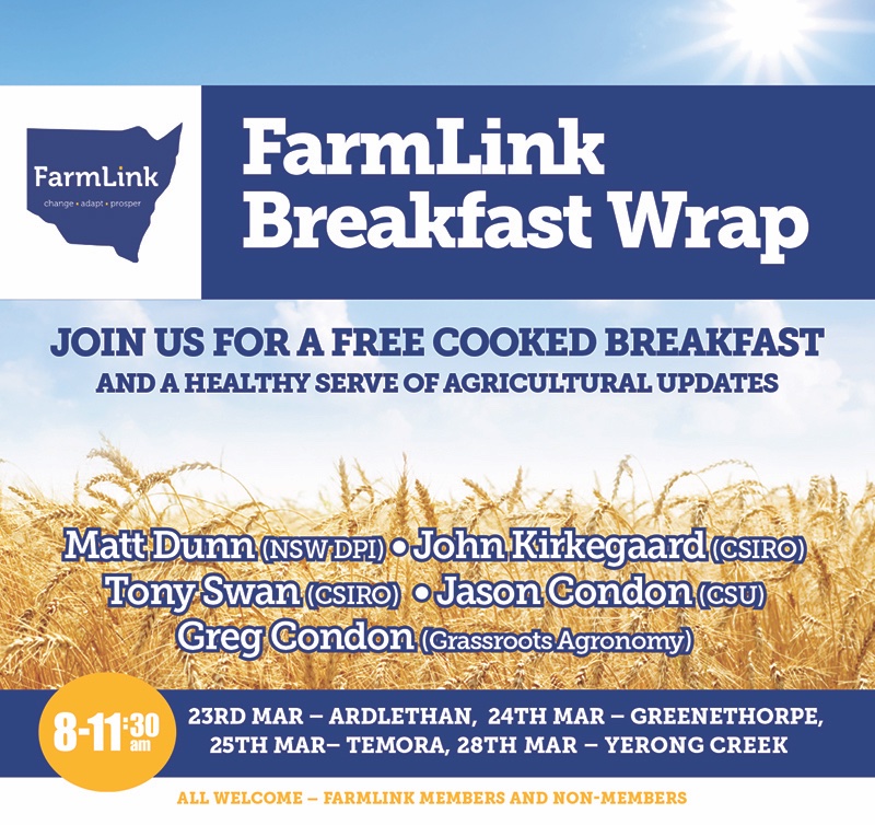 FarmLink Research (@farm_link) on Twitter photo Event Registration – book now for this week's pre-season breakfast updates.
Ardlethan 23th Mar, Greenethorpe 24th Mar, Temora 25th Mar, Yerong Creek 28th Mar. All Welcome.
More info bit.ly/3IPb0dS
<a href="/MathewDunn19/">Mathew Dunn</a> <a href="/AgroJAK/">John Kirkegaard</a> <a href="/tony_swan64/">Tony Swan</a>
@DrJasonCondon <a href="/grassrootsag/">Grassroots Agronomy</a> Event Registration – book now for this week's pre-season breakfast updates.
Ardlethan 23th Mar, Greenethorpe 24th Mar, Temora 25th Mar, Yerong Creek 28th Mar. All Welcome.
More info bit.ly/3IPb0dS
<a href="/MathewDunn19/">Mathew Dunn</a> <a href="/AgroJAK/">John Kirkegaard</a> <a href="/tony_swan64/">Tony Swan</a>
@DrJasonCondon <a href="/grassrootsag/">Grassroots Agronomy</a>