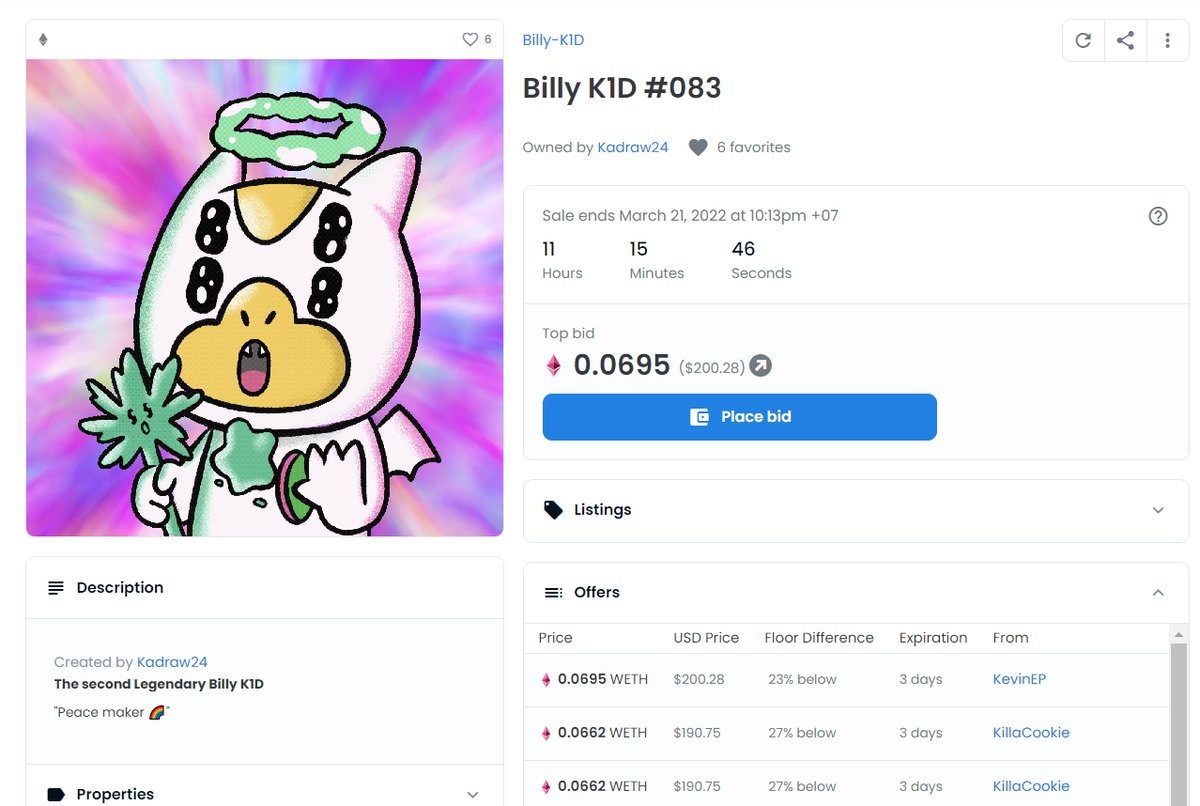 🚨Auction alert🚨
Billy K1D "Peacemaker" Auctions up to 0.0695 ETH at this time 🔥
- Hurry up, there are 11 hours left before the auction closes.

Check it out on <a href="/opensea/">OpenSea</a>
🔗opensea.io/assets/0x495f9… 

#BillyK1D #NFTCommunity #NFTcollections #NFTdrops #nft