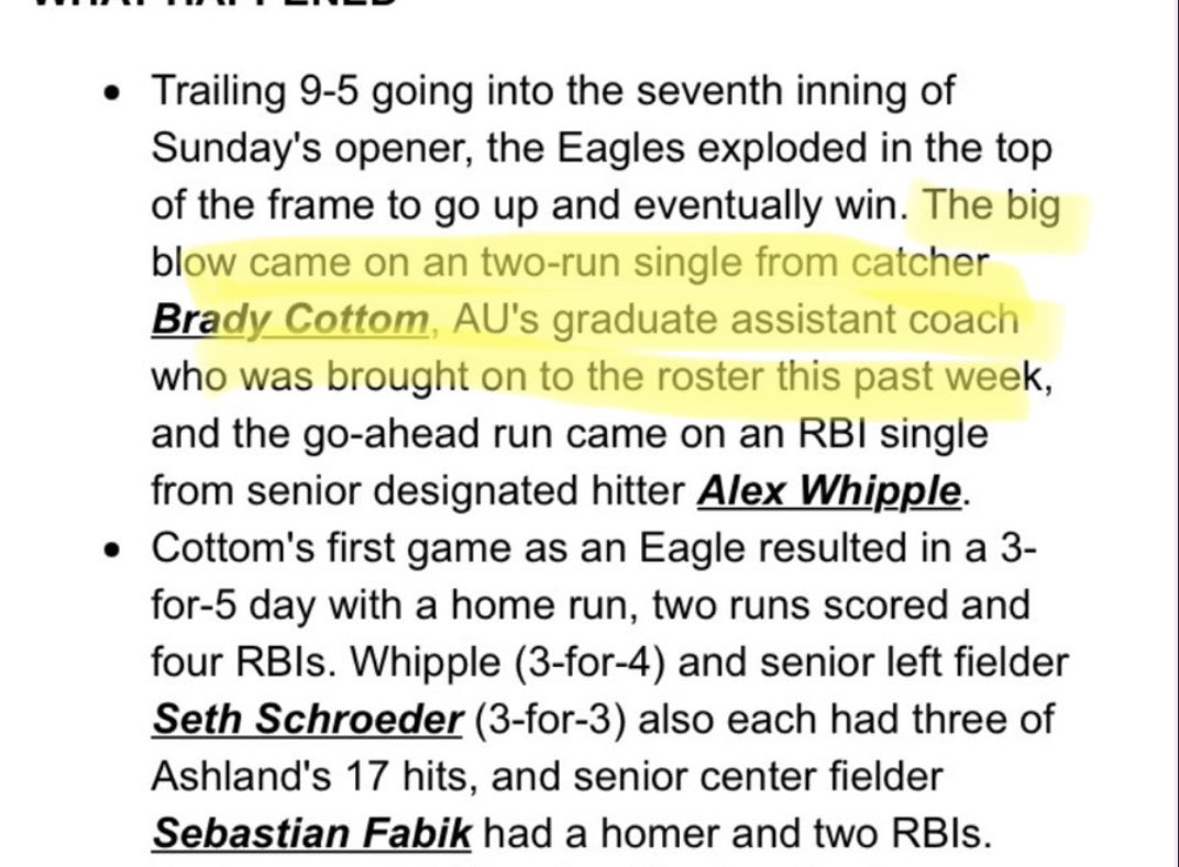 Ashland University (<a href="/ashland_base/">Ashland University Baseball</a>) had 3 catchers go down this year, so they had graduate assistant Brady Cottom use his last year of eligibility to fill in. Today he went 3-5 with a homerun and 4 RBI’s