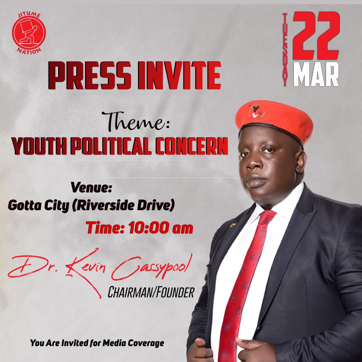 JitumeNation's tweet photo. #jitumenation chairman Cassypool Capon invites you for media coverage on Tuesday 22 March at 10:am at #Gotta City (Riverside Drive). Theme: #Youth #Political Concerns.
@KTNNewsKE  @NationBreaking @Nation_Politics  @KBCChannel1 @citizentv  @K24Tv  @K24Digital  @GhettoRadio895 https://t.co/0LYMCS61E0