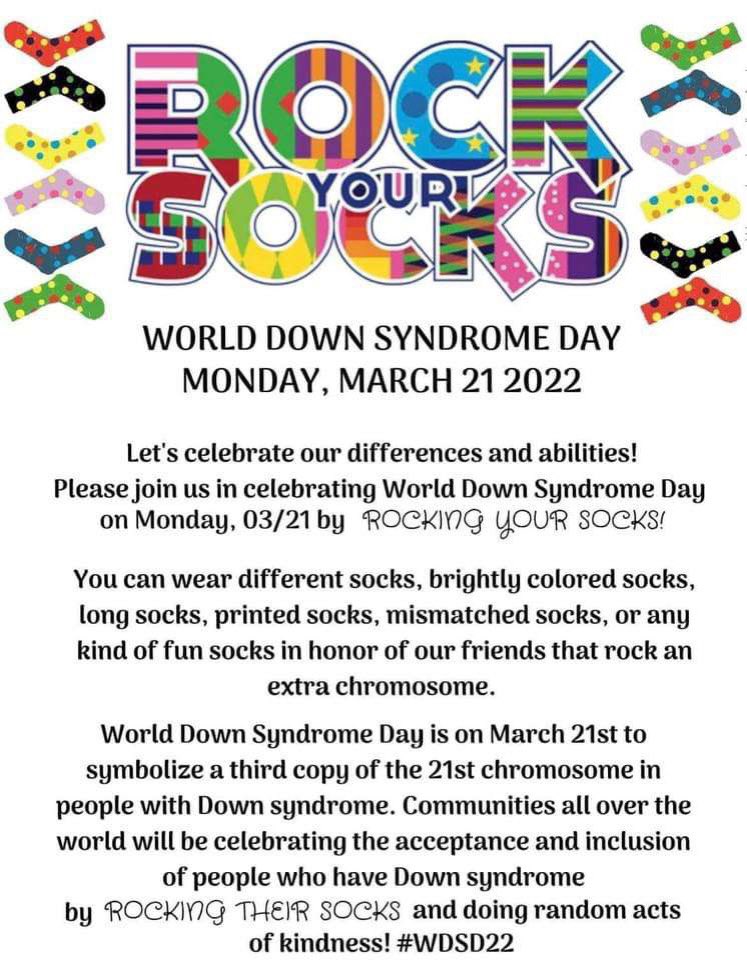 Remember to wear your brightest, loudest socks , or Blue and Yellow  tomorrow 💙💛  to celebrate and raise awareness for World Down Syndrome Day!!