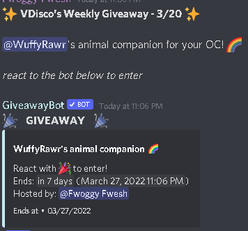 vTuberDisco's tweet photo. Check out this weeks giveaway! @WuffyRawr is making an animal companion for you! Join vDisco to win! https://t.co/qNpjSMEAHx