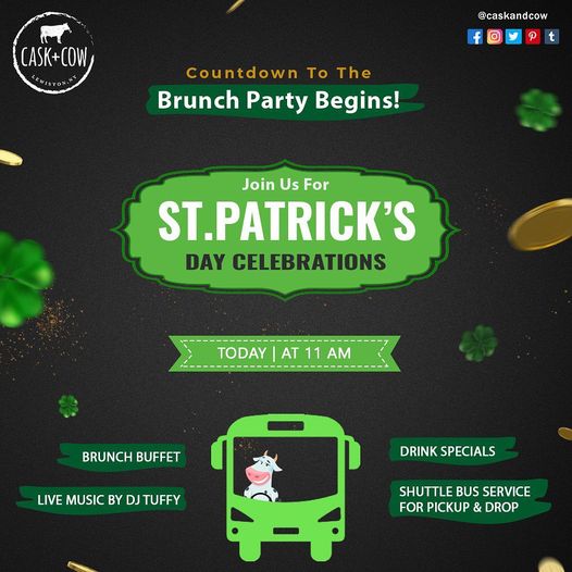 We're getting the party started early for this year's St. Patty's Day Parade!

With our shuttle bus service from C+C to the parade downtown &amp; back! 

Also, you’re in luck! We'll be serving special themed drinks and and entrees!

Our Regular Menu will begin to be served at 3pm!