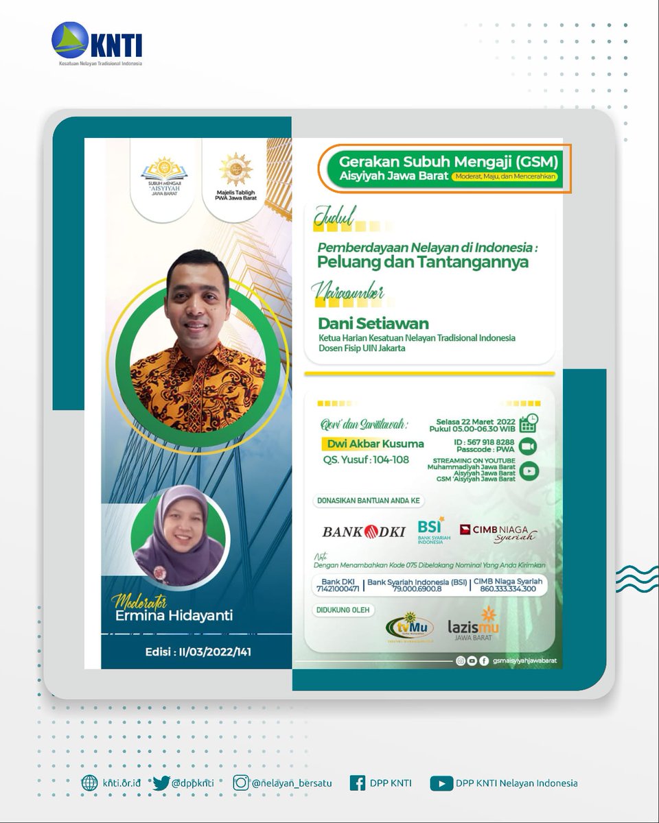 Ketua Harian DPP KNTI, <a href="/danisetiawan05/">Dani Setiawan</a> akan hadir sebagai Narasumber dalam diskusi bertemakan "Pemberdayaan Nelayan di Indonesia: Peluang dan Tantangannya" kegiatan diselenggarakan oleh Aisyiah Jawa Barat. 

#KNTI #Nelayan #Indonesia