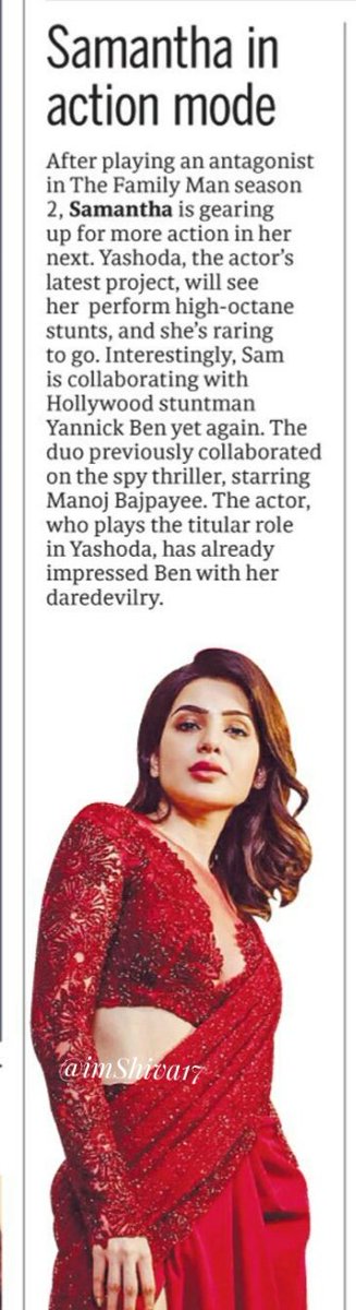 #SamanthaRuthPrabhu pulls off
high octane action stunts

After playing an antagonist in
#TheFamilyMan2 , #Samantha
is gearing up for more action
in her next, #Yashoda ,will
see her perform high-octane
stunts.Actress is collaborate
with Hollywood stunts
choreographer #YannickBen