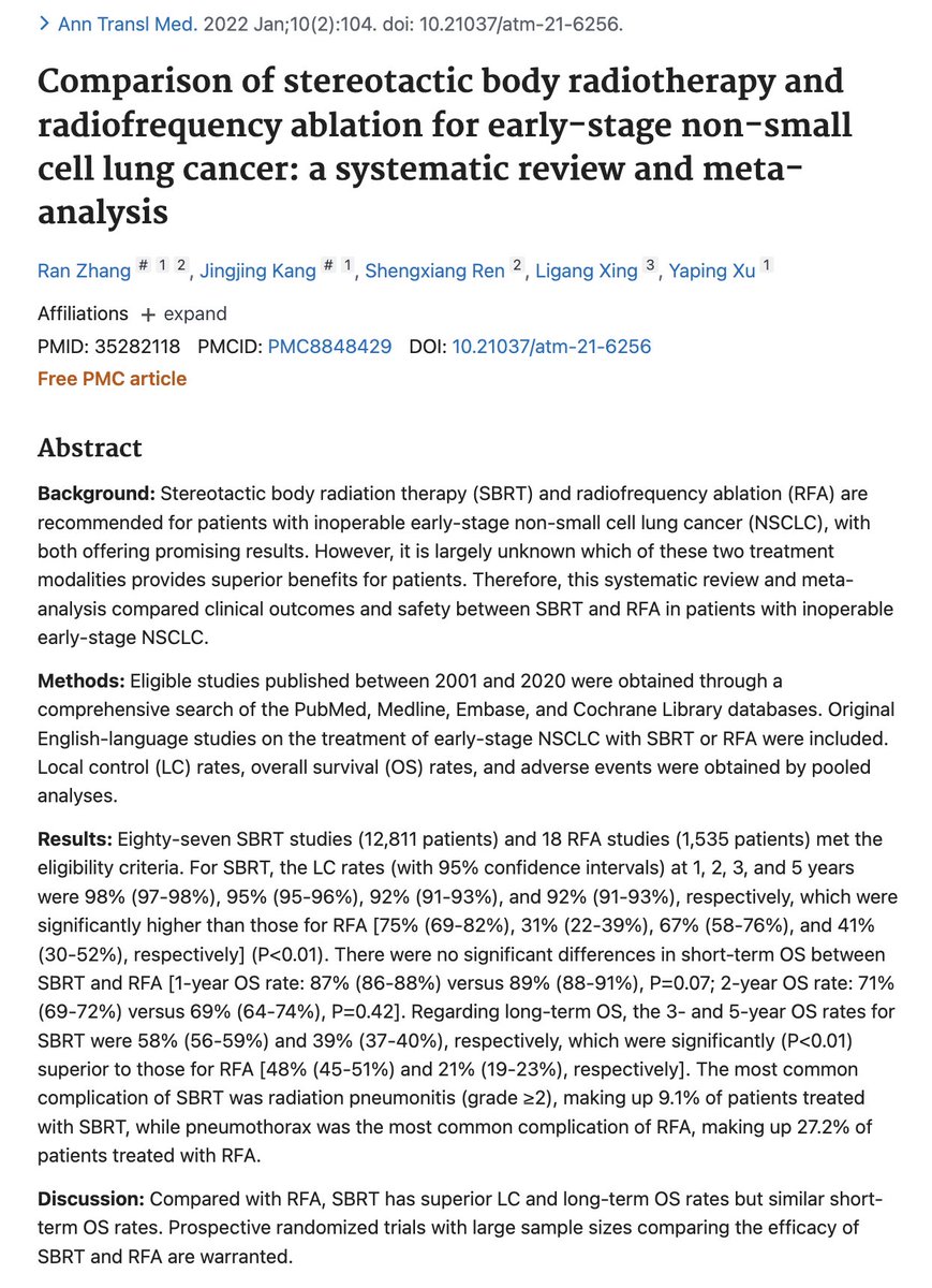 Here is a summary of the available data on SBRT and RFA for stage I NSCLC. #radonc ncbi.nlm.nih.gov/pmc/articles/P…