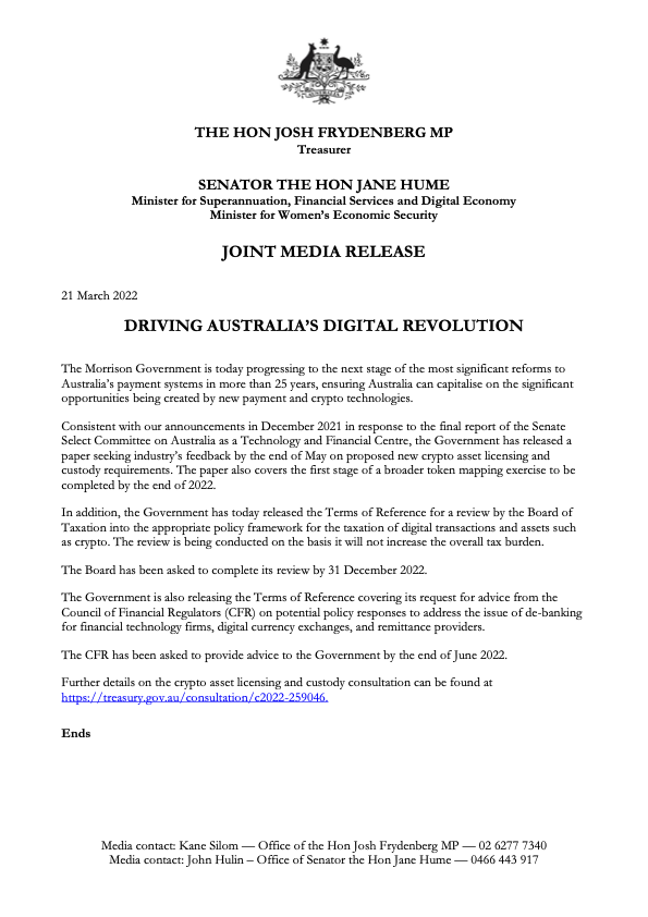 DECAustralia's tweet photo. Having delivered the Ministerial Address at today's #BlockchainWeek2022 at the @ASX in Sydney, Senator the Hon @SenatorHume shared this announcement.

We thank her for the ongoing commitment to driving Australia's digital revolution &amp; welcome these changes. 

Read the release https://t.co/Zh5nojV5tQ