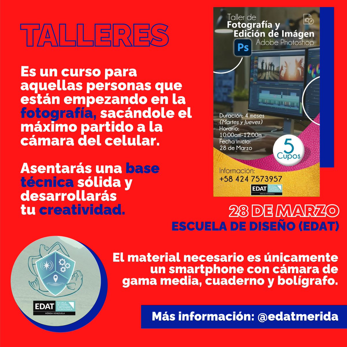 veromontillas's tweet photo. La @EDATmerida trae un Taller de Fotografía y Edición de Imagen que empieza el 28 de Febrero. Quedan pocos cupos. https://t.co/oIsBvZmoBW